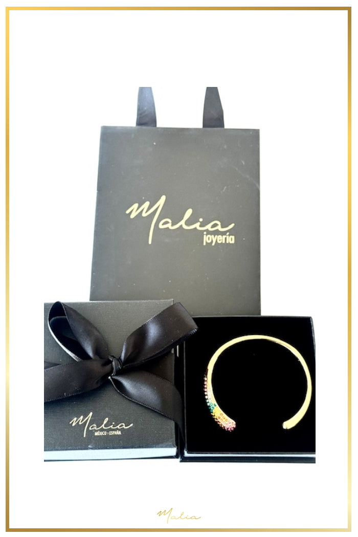 Pulsera Cuff con Circonias de Colores en Chapa de Oro