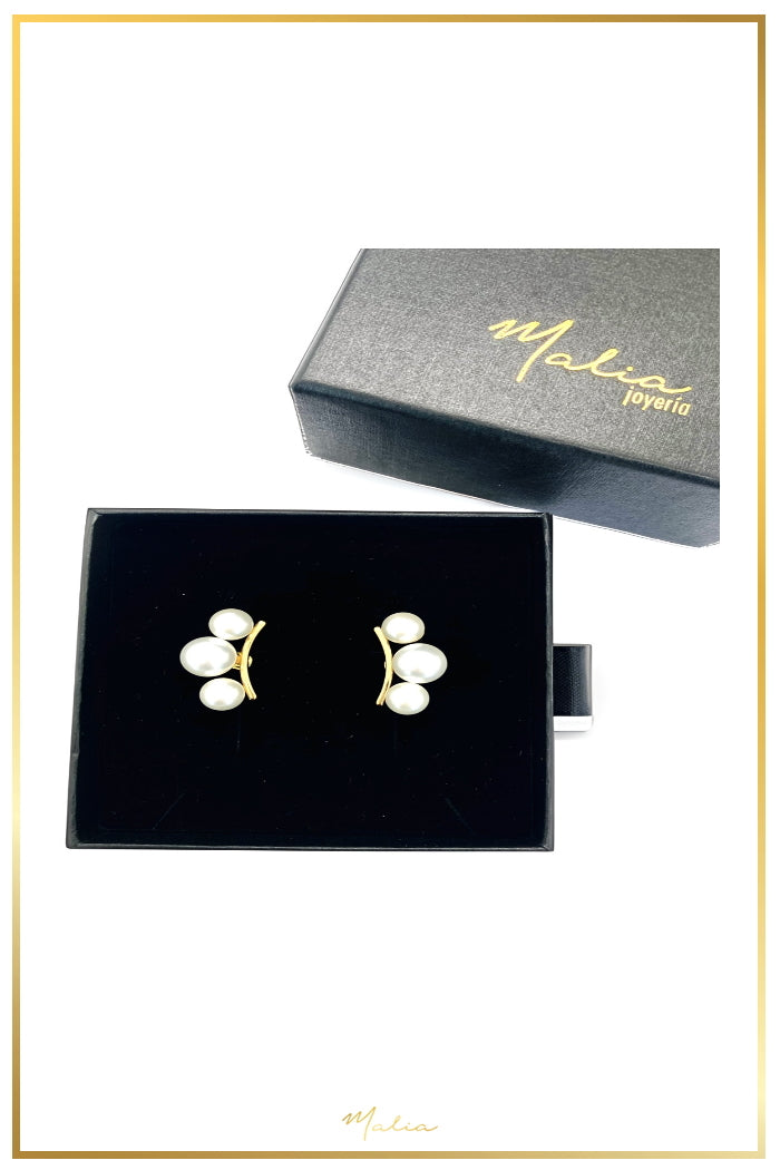 Aretes 3 Perlas de Cristal en Chapa de Oro