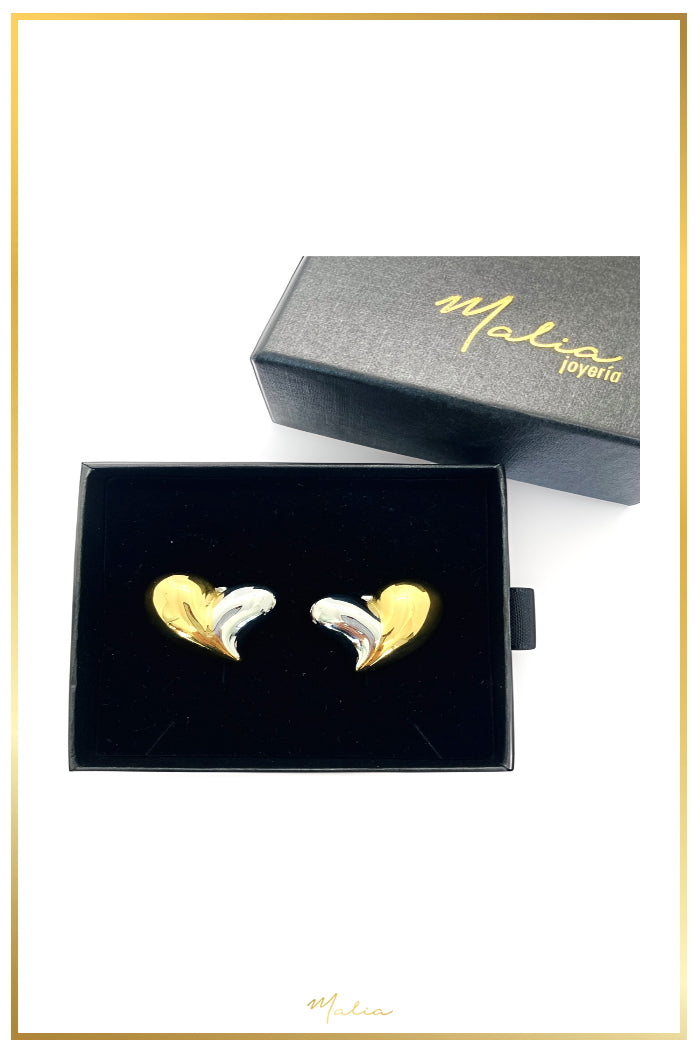 Aretes Corazón Chunky Combinados Chapa de Oro y Rodio