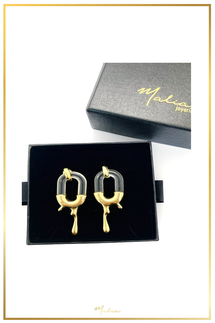 Aretes Aro Transparente con Derretido en Chapa de Oro
