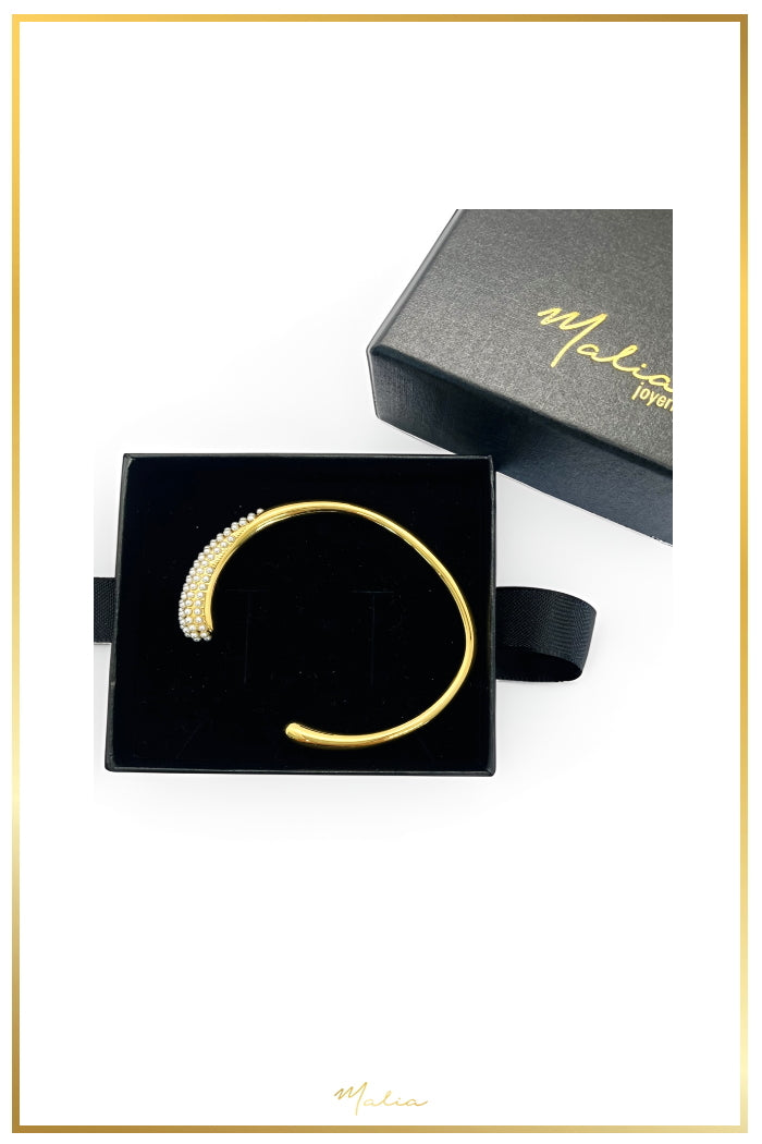 Pulsera Cuff con Perlitas de Cristal en Chapa de Oro