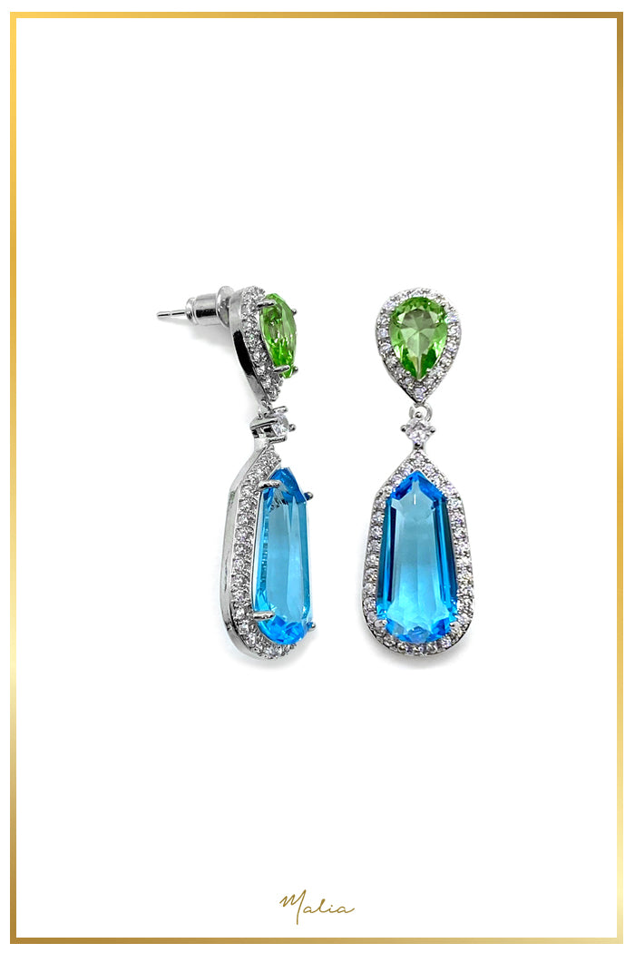 Aretes Cóctel Gotas Verde y Azul con Circonias