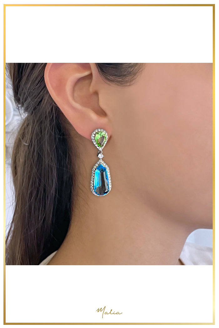 Aretes Cóctel Gotas Verde y Azul con Circonias