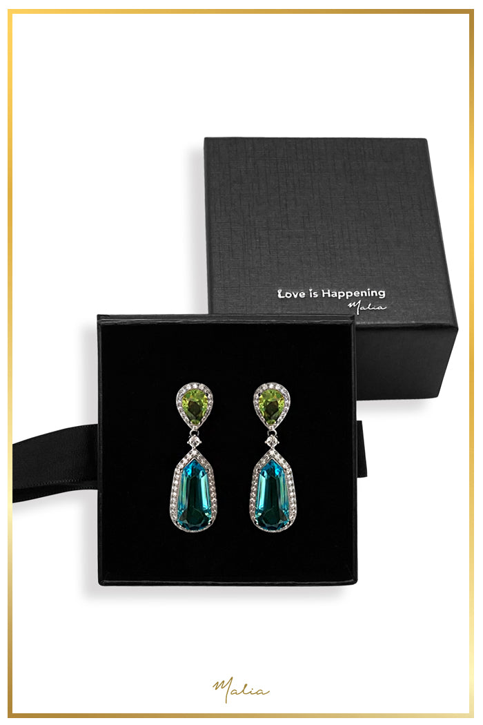 Aretes Cóctel Gotas Verde y Azul con Circonias