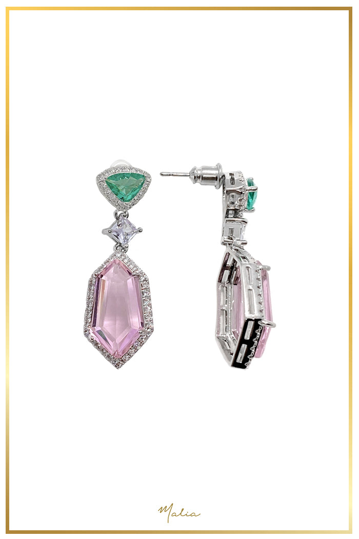 Aretes Cóctel Gotas Verde y Rosas con Circonias