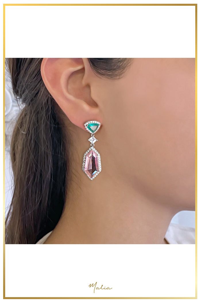 Aretes Cóctel Gotas Verde y Rosas con Circonias