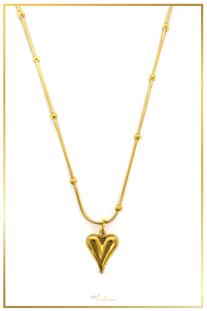 Collar Corazón Inflado con Cadena de Bolitas en Chapa de Oro