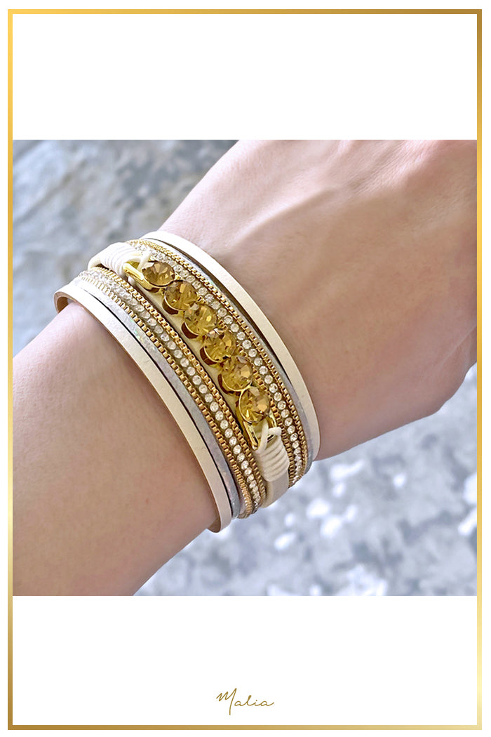 Pulsera Multi Cuero Blanco con Cristales