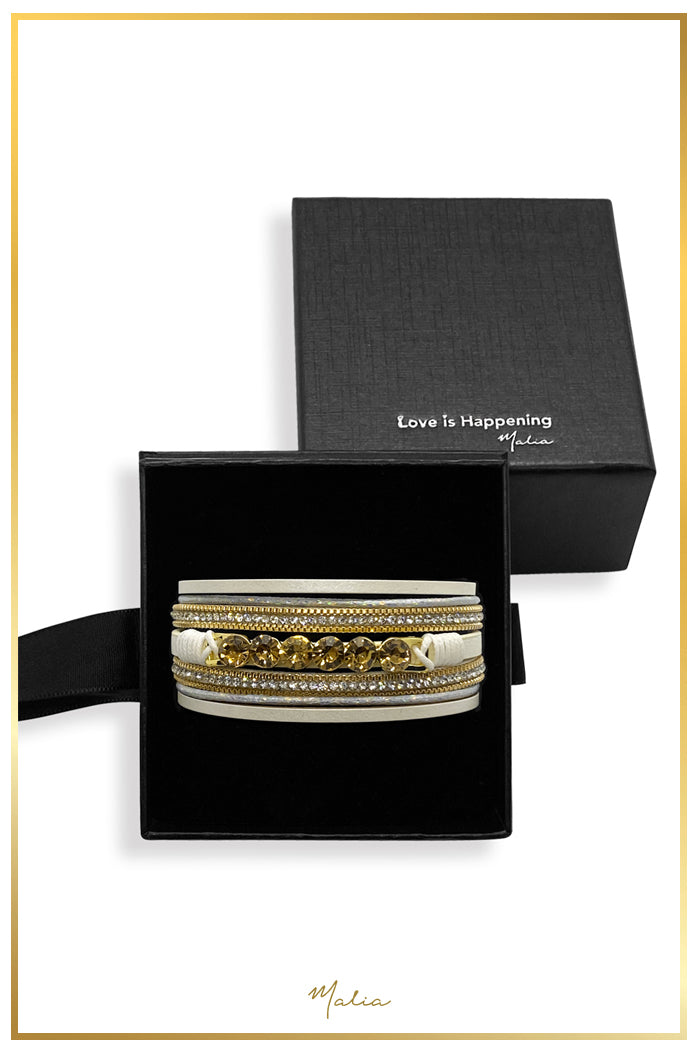 Pulsera Multi Cuero Blanco con Cristales
