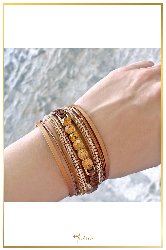 Pulsera Multi Cuero Cobrizo con Cristales