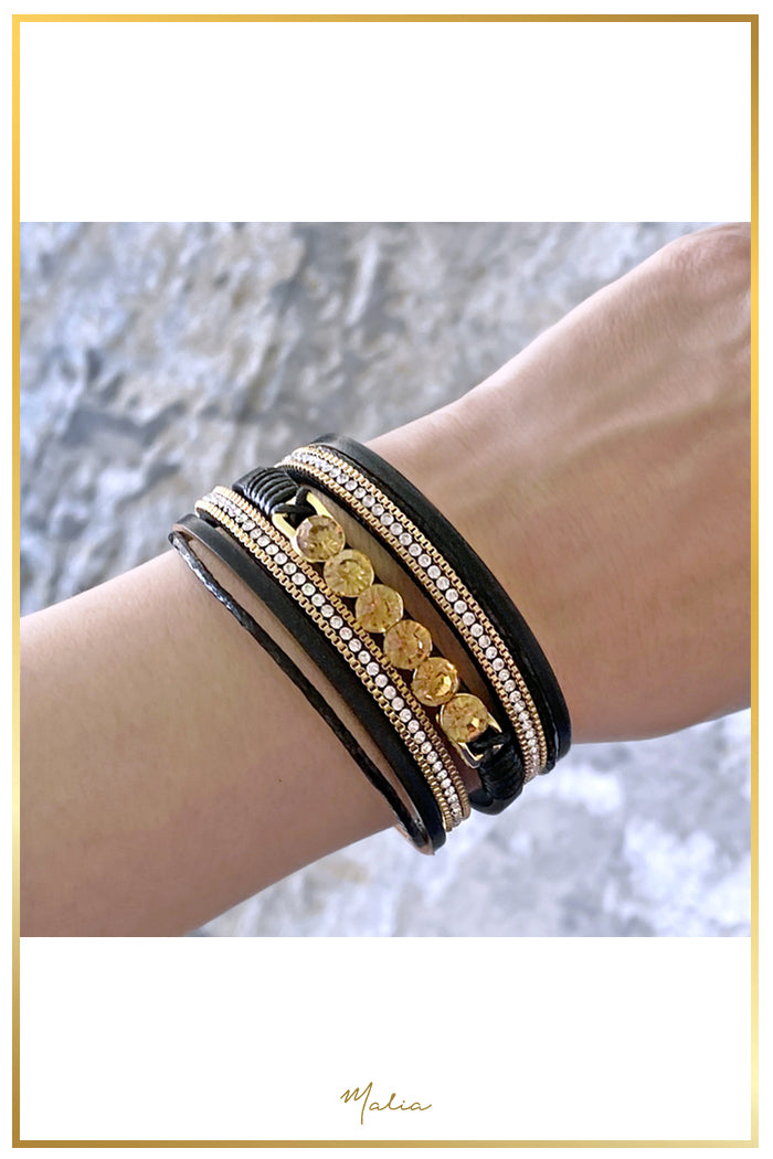 Pulsera Multi Cuero Negro con Cristales
