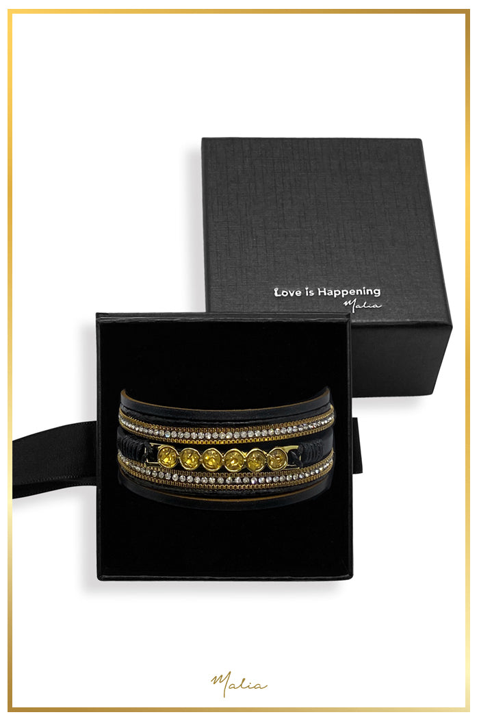 Pulsera Multi Cuero Negro con Cristales