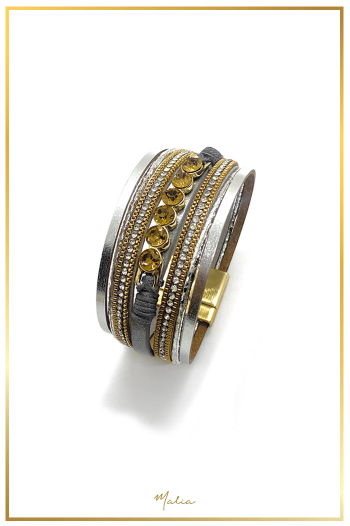 Pulsera Multi Cuero Plateado con Cristales