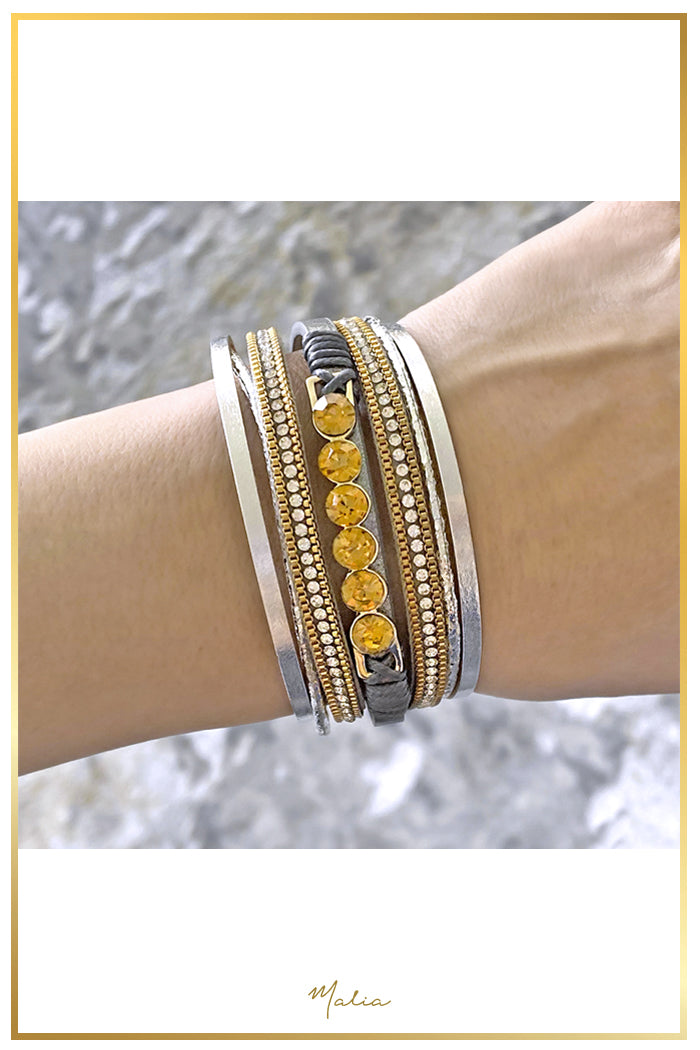 Pulsera Multi Cuero Plateado con Cristales