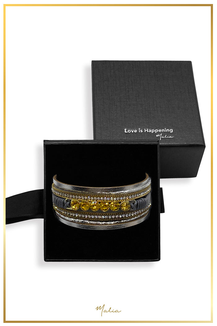 Pulsera Multi Cuero Plateado con Cristales