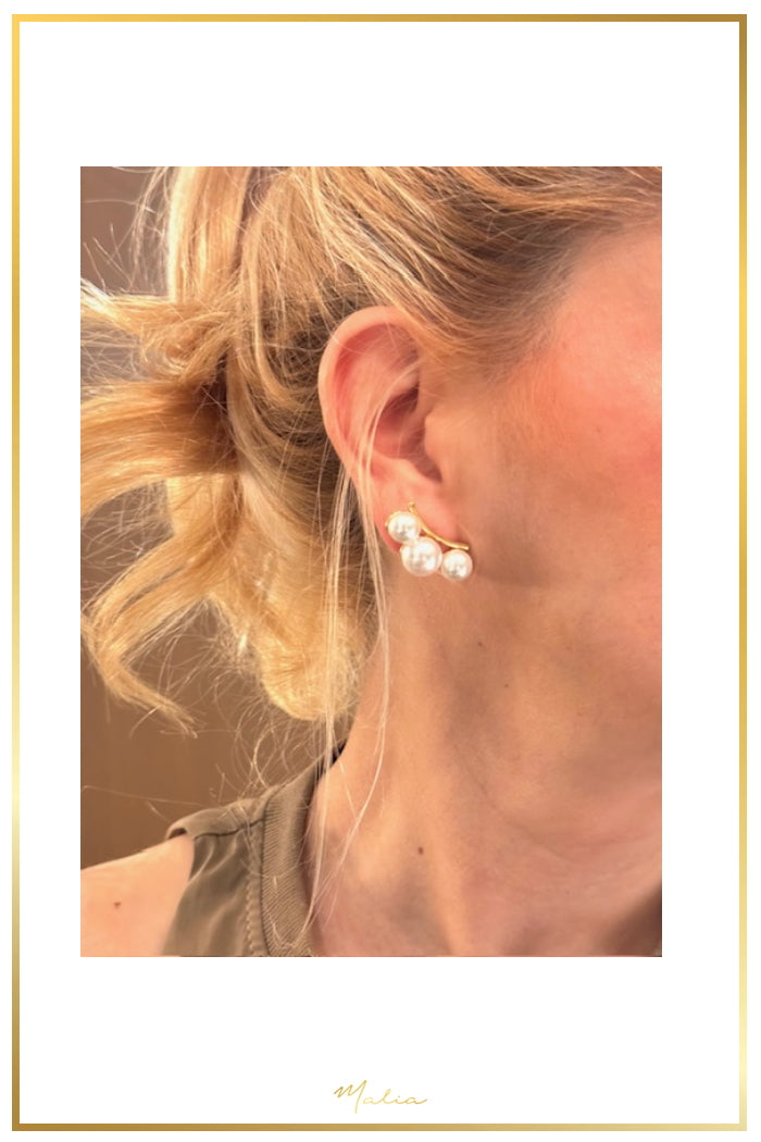 Aretes 3 Perlas de Cristal en Chapa de Oro
