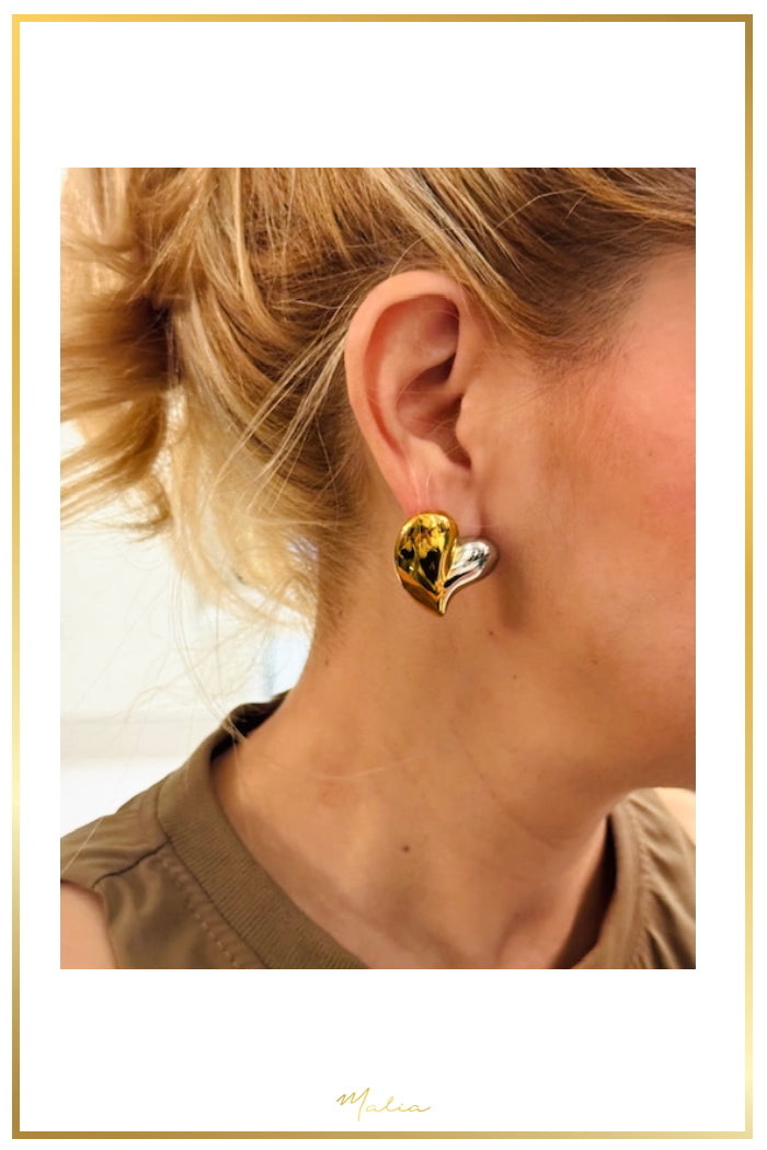Aretes Corazón Chunky Combinados Chapa de Oro y Rodio