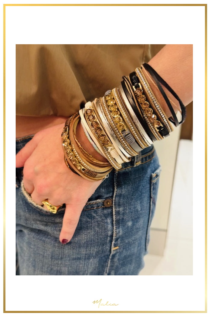 Pulsera Multi Cuero Blanco con Cristales