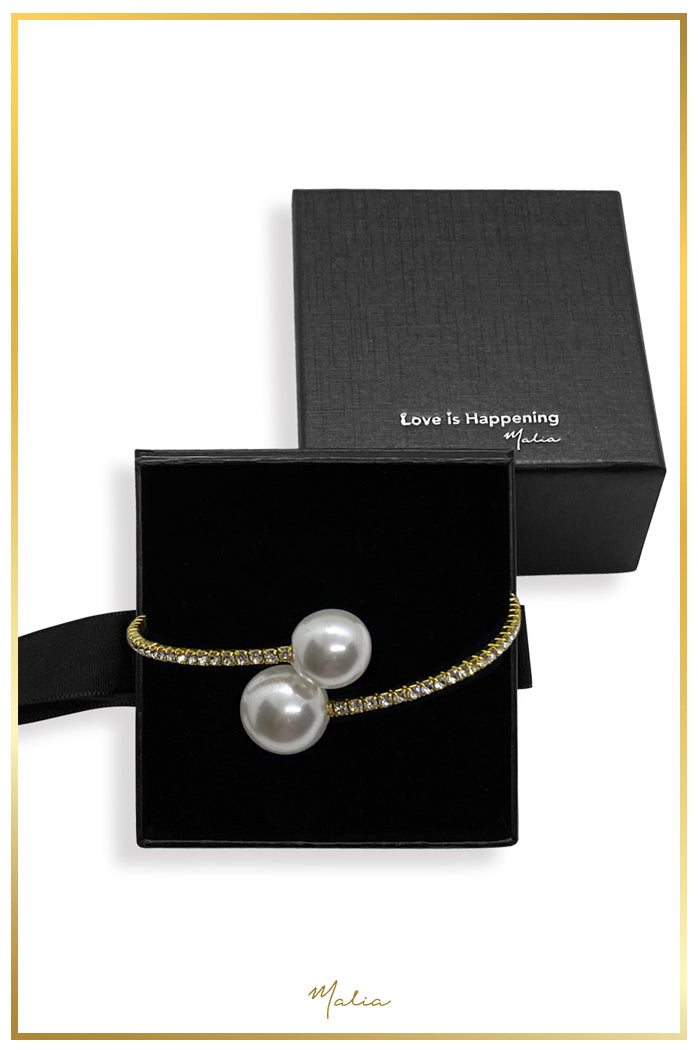 Pulsera Ajustable Dos Perlas con Circonias en Chapa de Oro