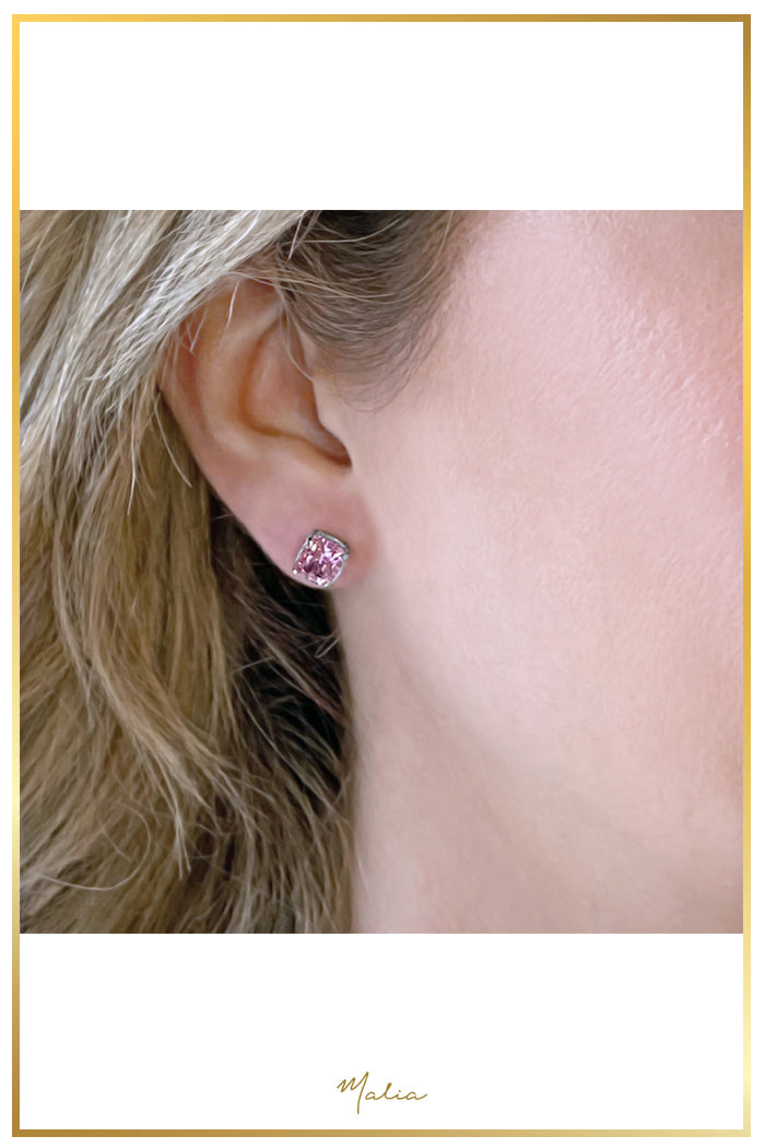 Aretes Studs Circonia Rosa en Rodio