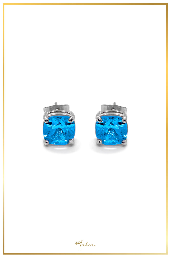 Aretes Studs Circonia Azul en Rodio