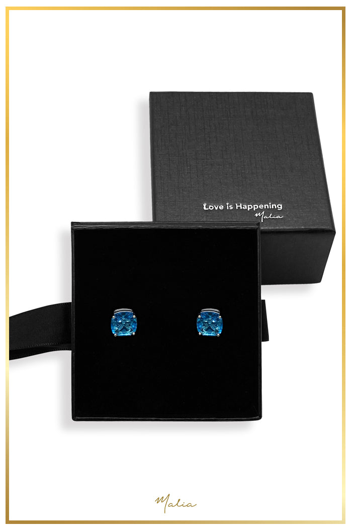 Aretes Studs Circonia Azul en Rodio