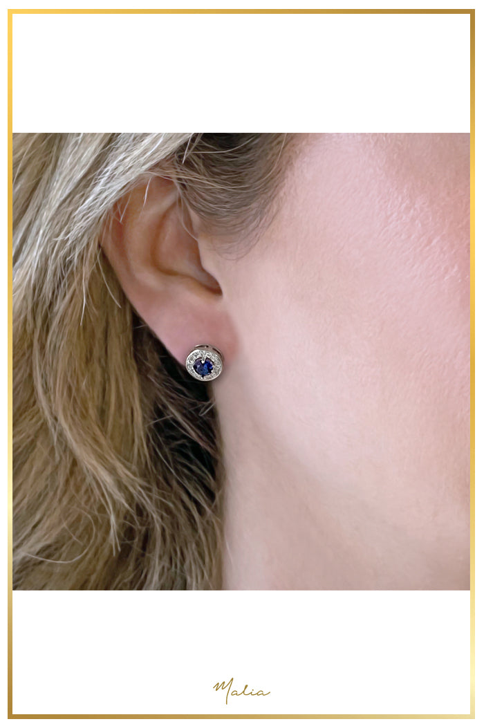 Aretes Studs Circonia Azul con Halo