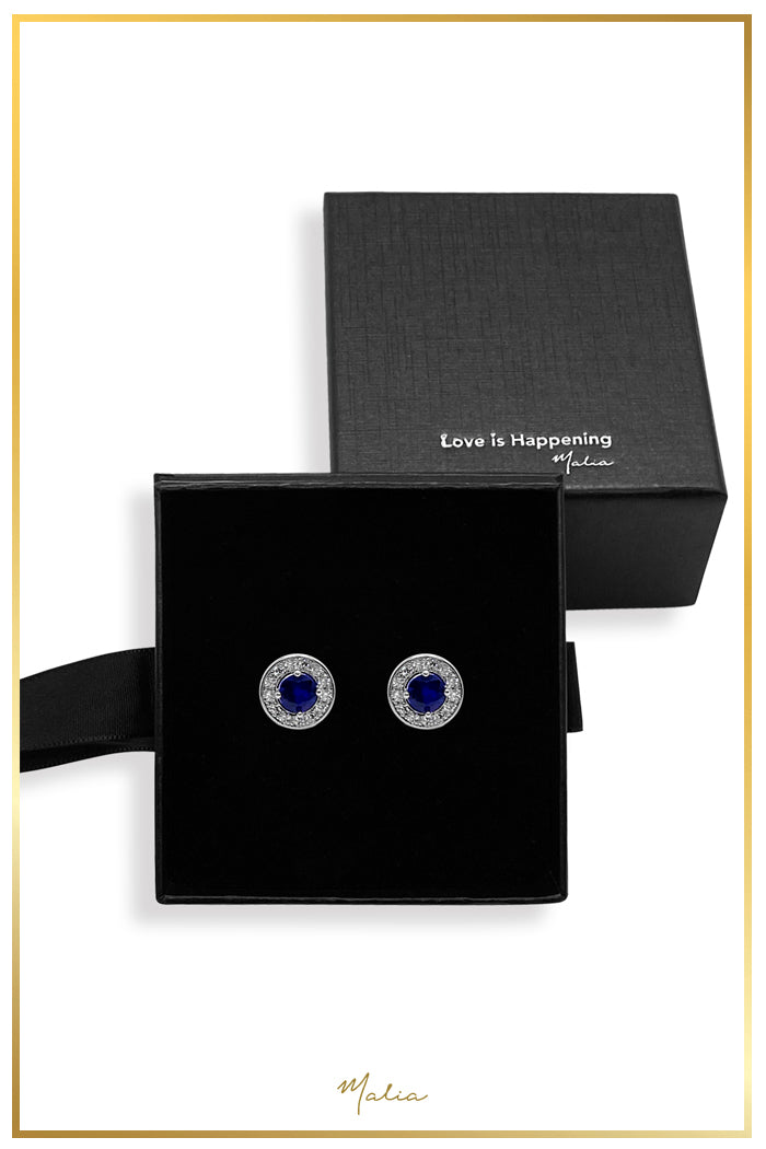 Aretes Studs Circonia Azul con Halo