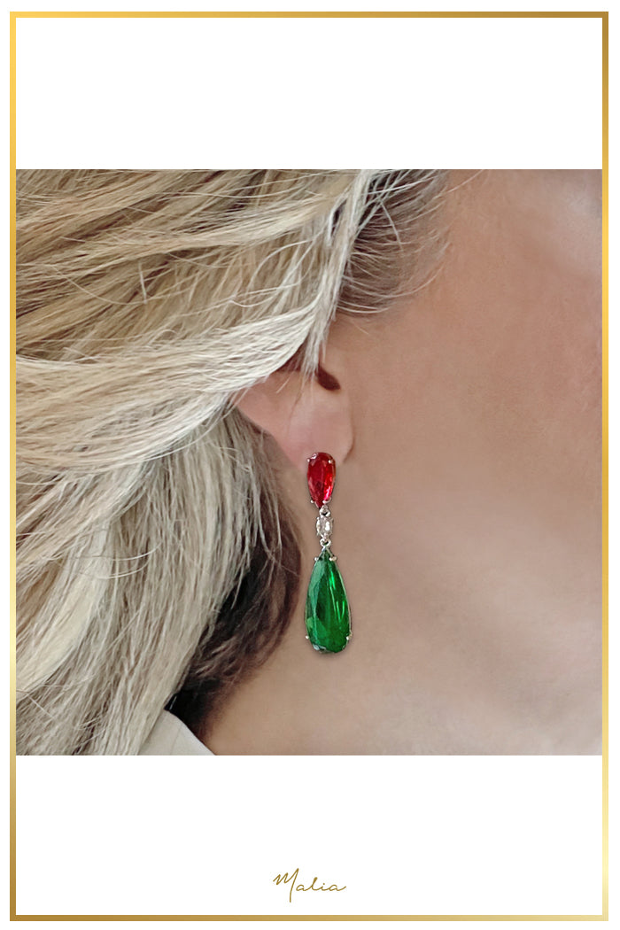 Aretes Cóctel Circonia Verde, Roja y Translúcida