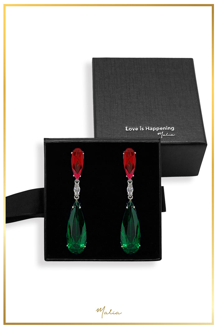 Aretes Cóctel Circonia Verde, Roja y Translúcida