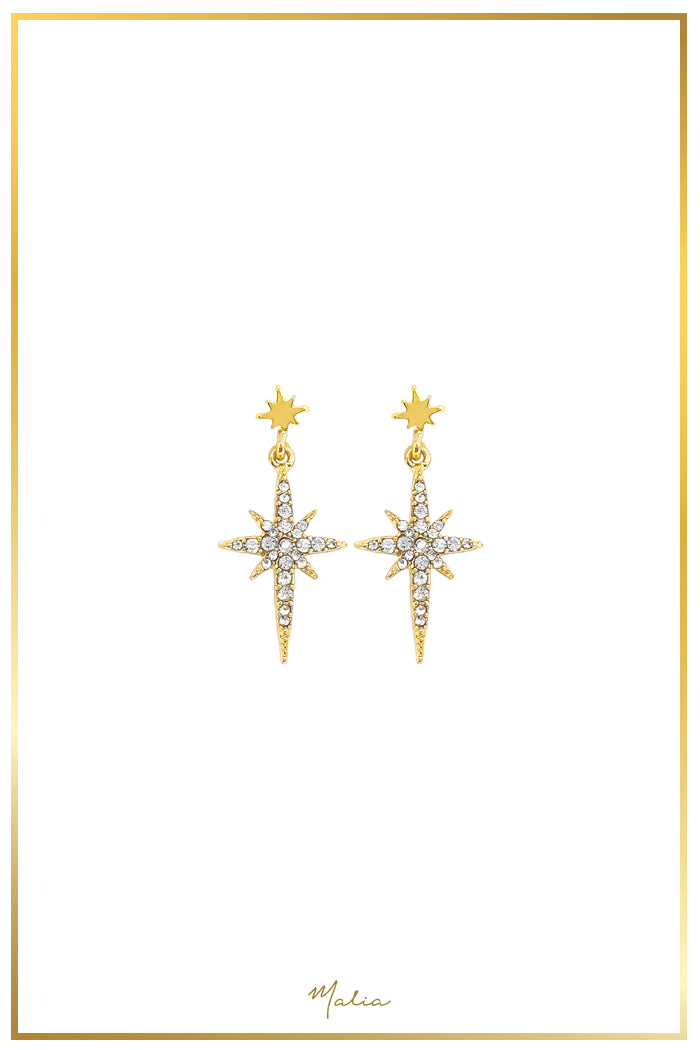 Aretes Estrella Alargada con Circonias en Chapa de Oro
