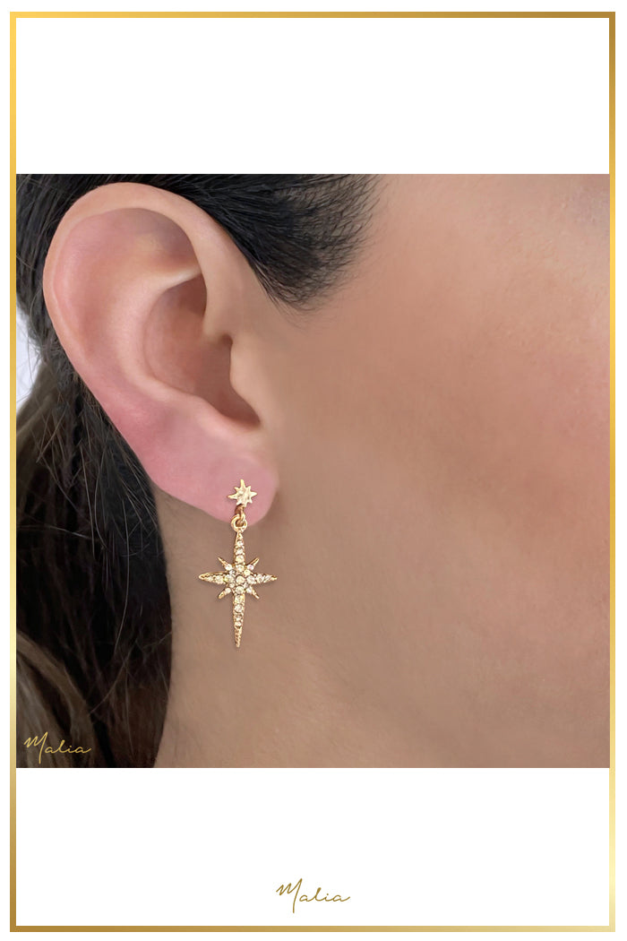 Aretes Estrella Alargada con Circonias en Chapa de Oro