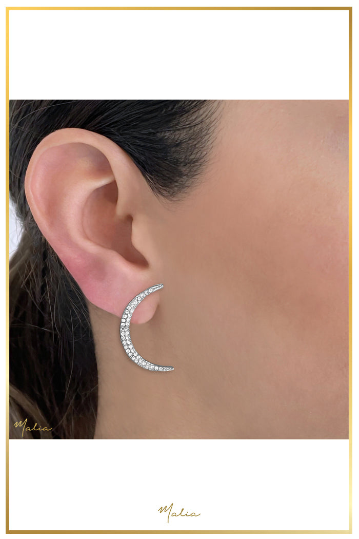 Aretes Luna con Circonias en Rodio