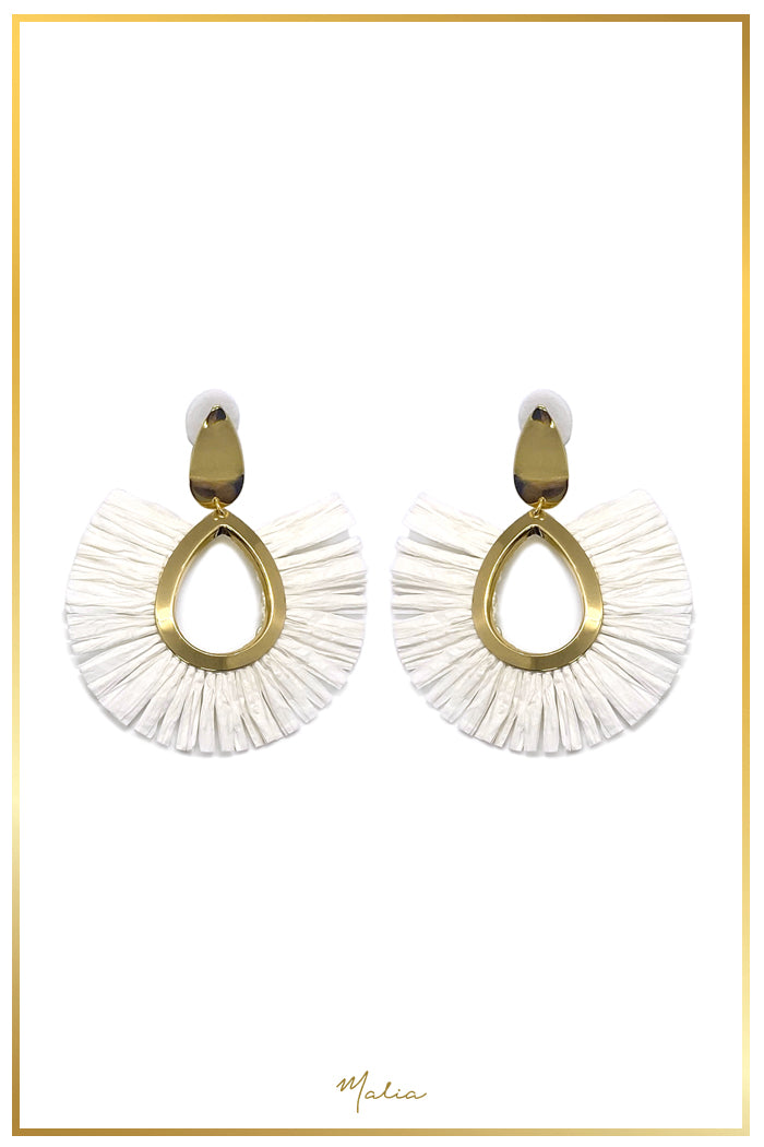 Aretes Raffia Blancos Grandes en Chapa de Oro