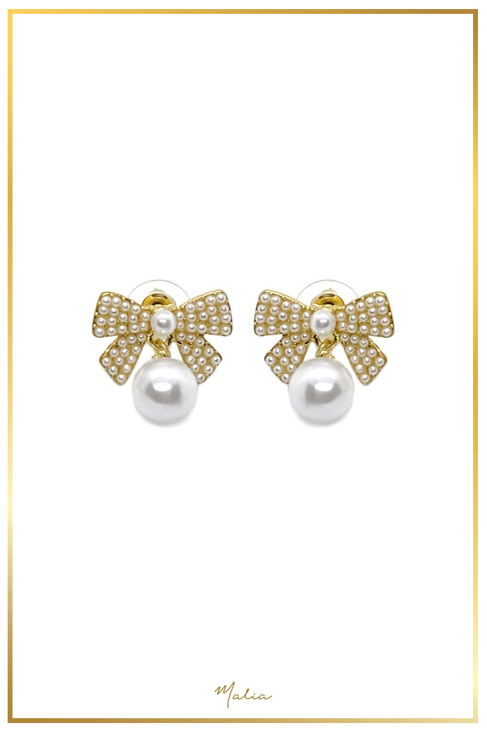 Aretes Moño Perlitas Mini con Perla Colgante