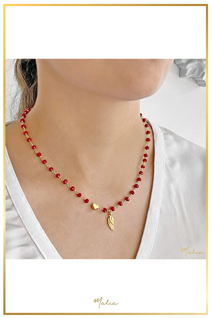 Collar Ala y Corazón con Cristales Rojos