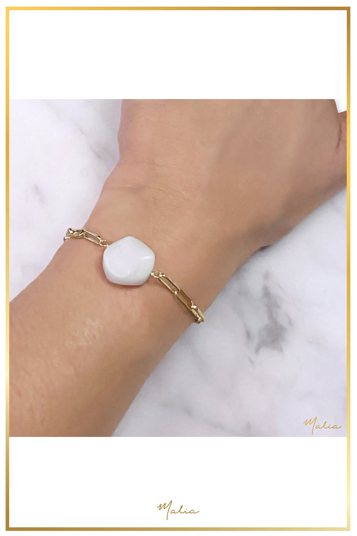 Pulsera Cuarzo Blanco Natural en Cadena Rectangular