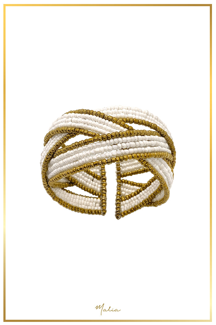 Pulsera Cuff Chaquiras Blancas con Dorado