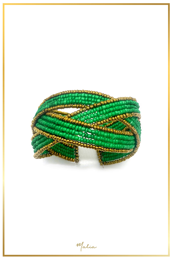 Pulsera Cuff Chaquiras Verde con Dorado