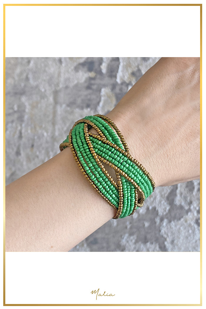 Pulsera Cuff Chaquiras Verde con Dorado