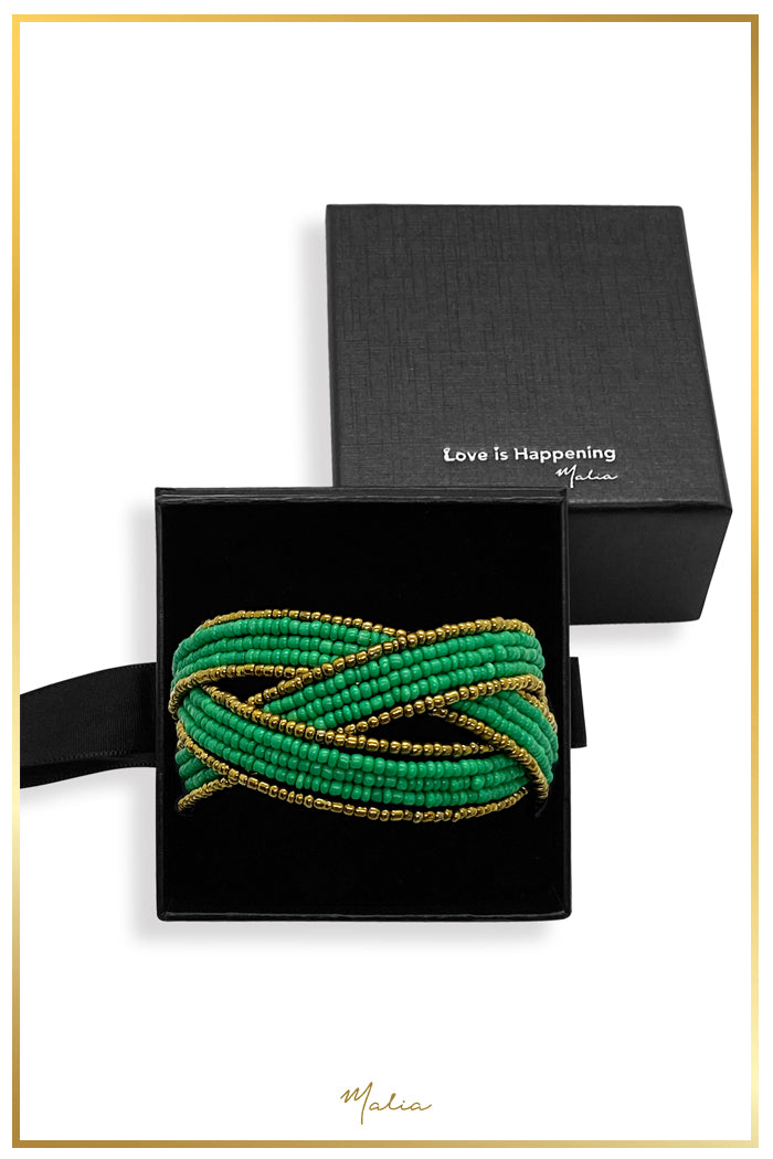 Pulsera Cuff Chaquiras Verde con Dorado