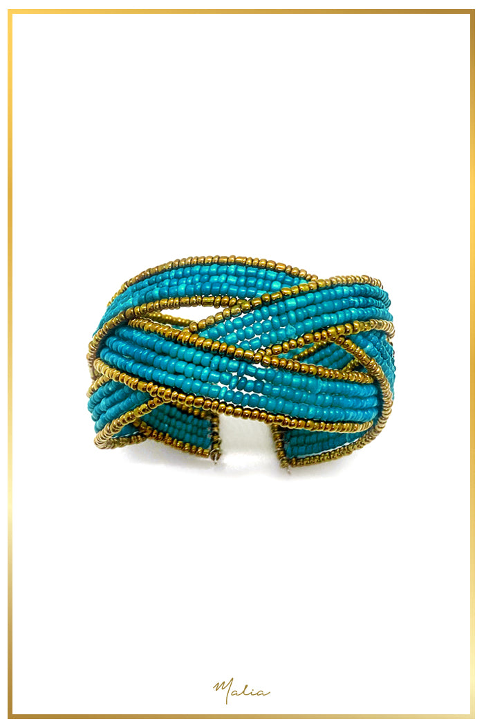 Pulsera Cuff Chaquiras Turquesa con Dorado