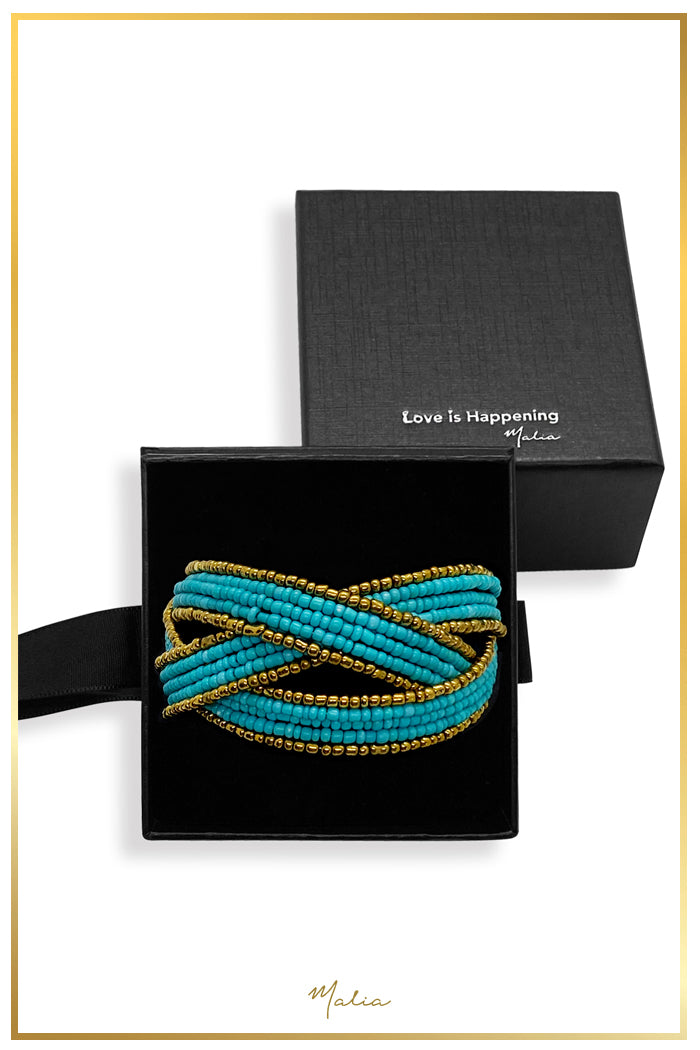 Pulsera Cuff Chaquiras Turquesa con Dorado