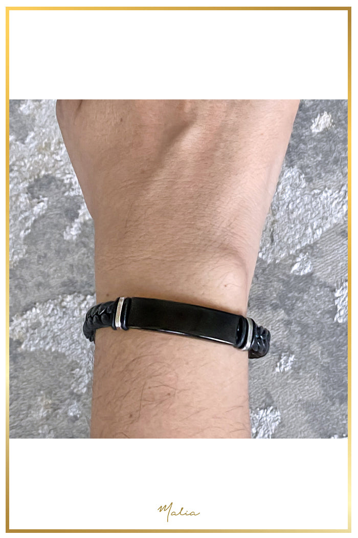 Pulsera Hombre Cuero Trenzado Negro con Placa Negra