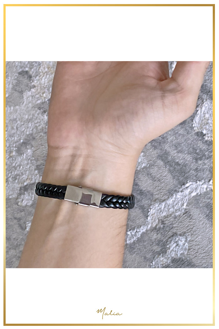 Pulsera Hombre Cuero Trenzado Negro con Placa Negra