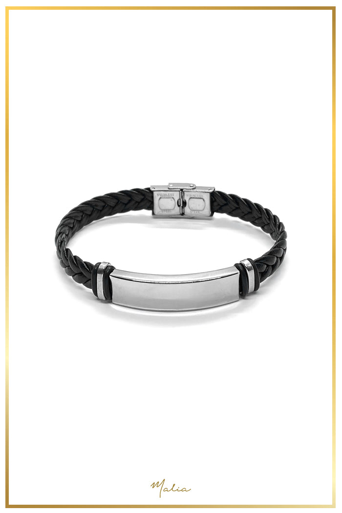 Pulsera Hombre Cuero Trenzado Negro con Placa Plateada