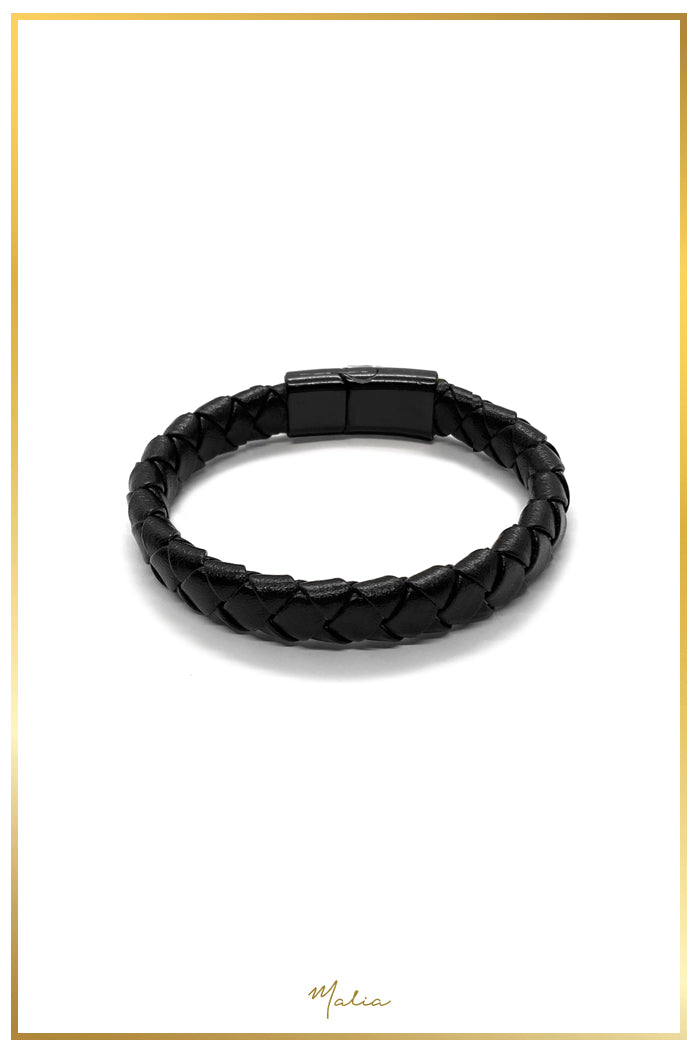 Pulsera Hombre Cuero Trenzado Negro con Broche Negro