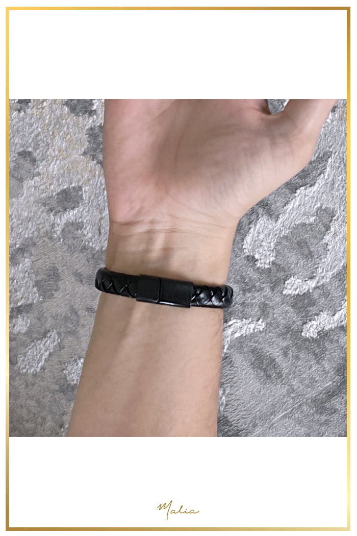 Pulsera Hombre Cuero Trenzado Negro con Broche Negro
