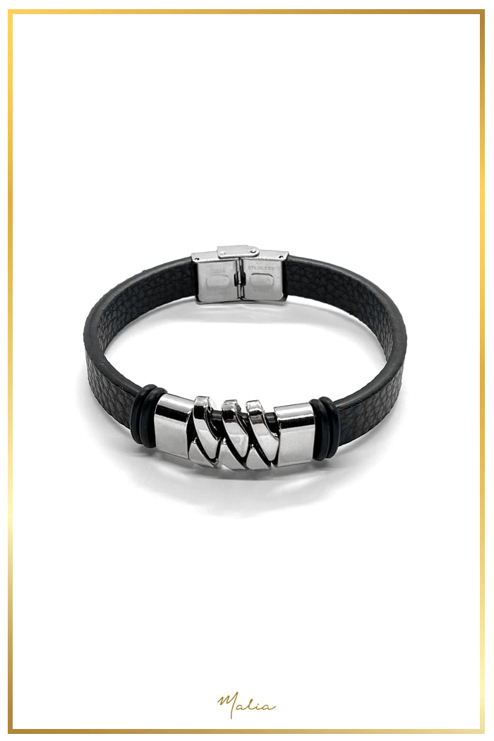 Pulsera Hombre Cuero Negro con Dije Geométrico Plateado