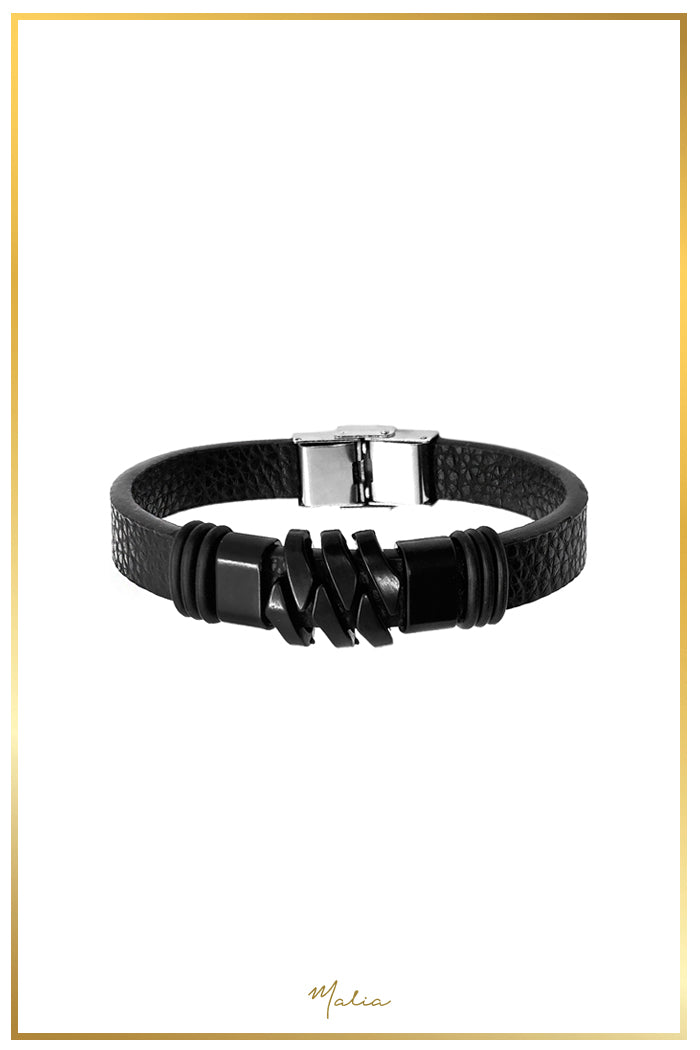 Pulsera Hombre Cuero Negro con Dije Geométrico Negro